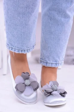 Damskie Boto Aksamitne Szare Baleriny Z Dużym Kwiatem Fumiko