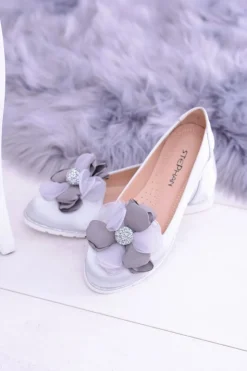 Damskie Boto Aksamitne Szare Baleriny Z Dużym Kwiatem Fumiko