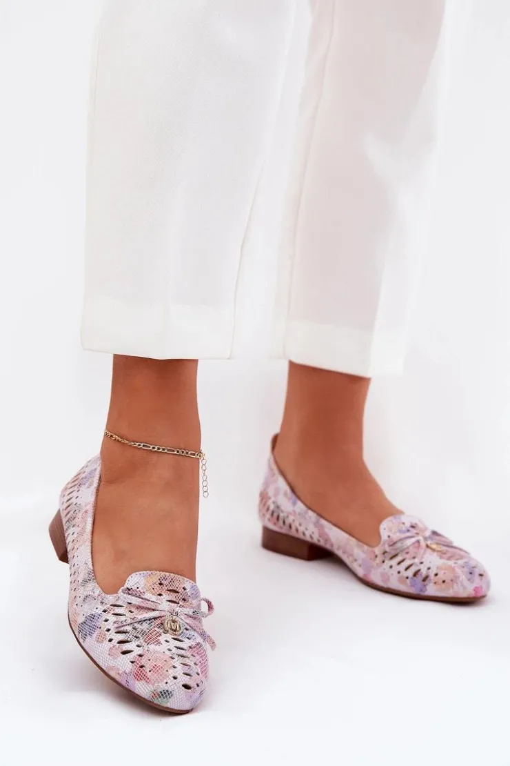 Clearance Boto Ażurowe Baleriny Z Kokardką W Kwiaty Eko Zamszowe Multikolor Amepitrea Wielokolorowy