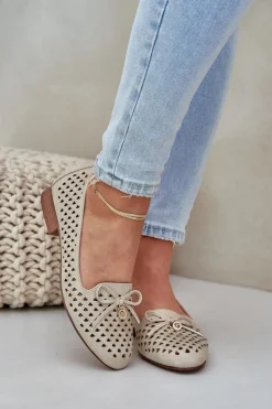 Damskie Boto Ażurowe Baleriny Z Kokardką Eko Skórzane Złote Relabra