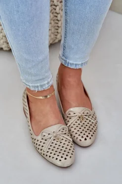 Damskie Boto Ażurowe Baleriny Z Kokardką Eko Skórzane Złote Relabra