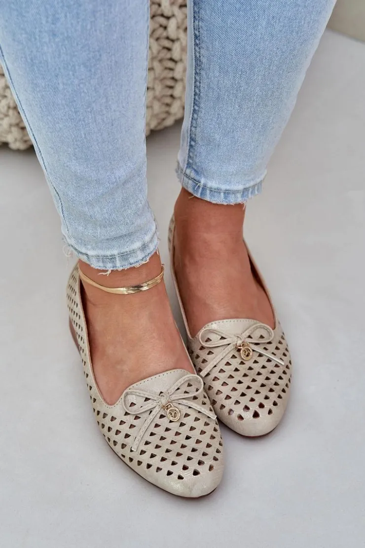 Damskie Boto Ażurowe Baleriny Z Kokardką Eko Skórzane Złote Relabra