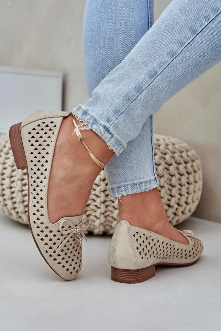 Damskie Boto Ażurowe Baleriny Z Kokardką Eko Skórzane Złote Relabra