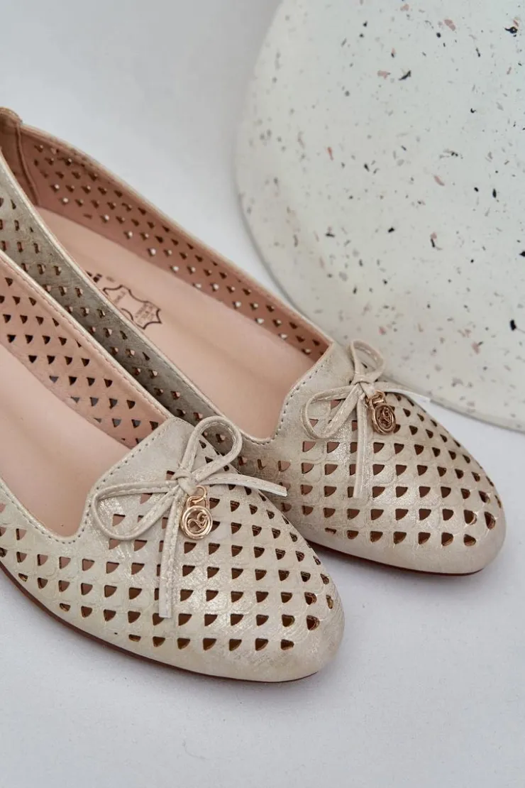 Damskie Boto Ażurowe Baleriny Z Kokardką Eko Skórzane Złote Relabra