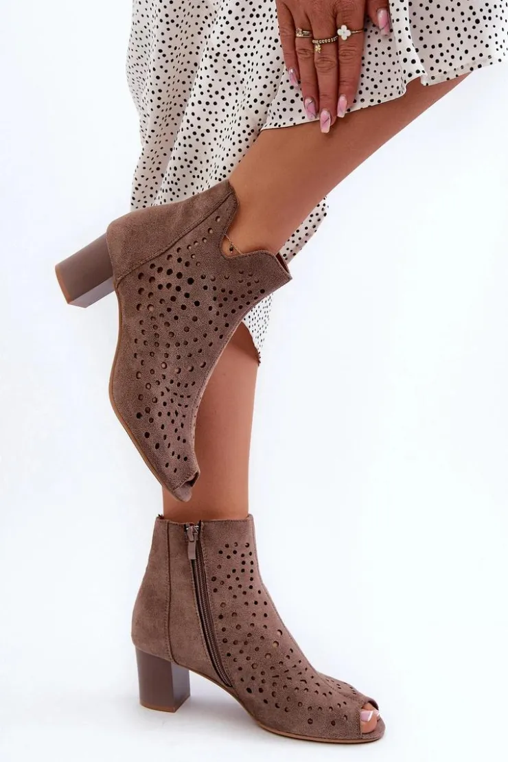 Damskie Boto Ażurowe Botki Damskie Eko Zamszowe Na Słupku Z Odkrytymi Palcami Brązowe Halania