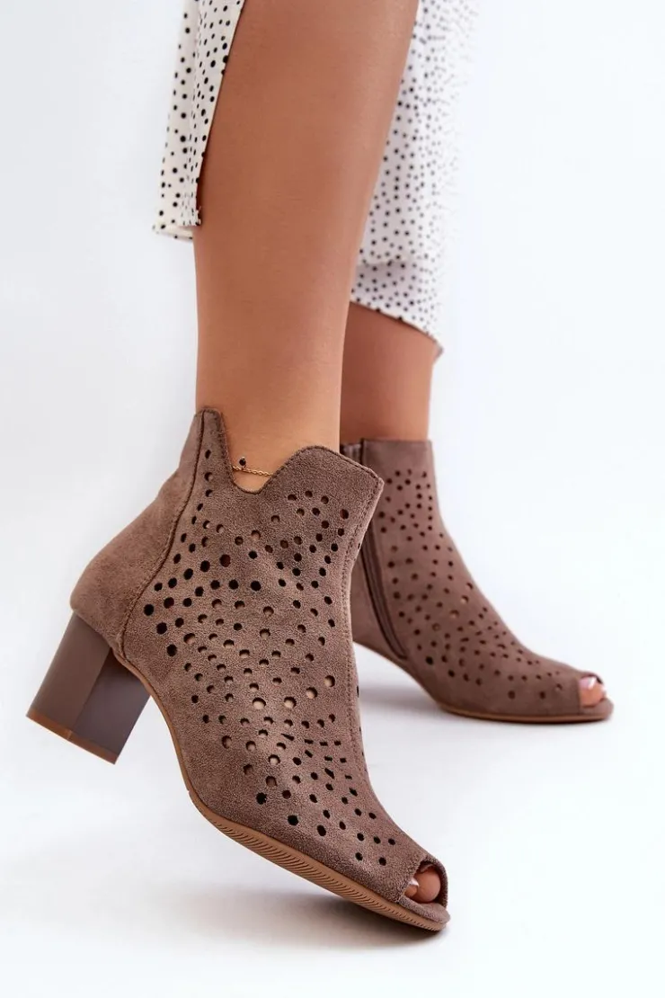 Damskie Boto Ażurowe Botki Damskie Eko Zamszowe Na Słupku Z Odkrytymi Palcami Brązowe Halania