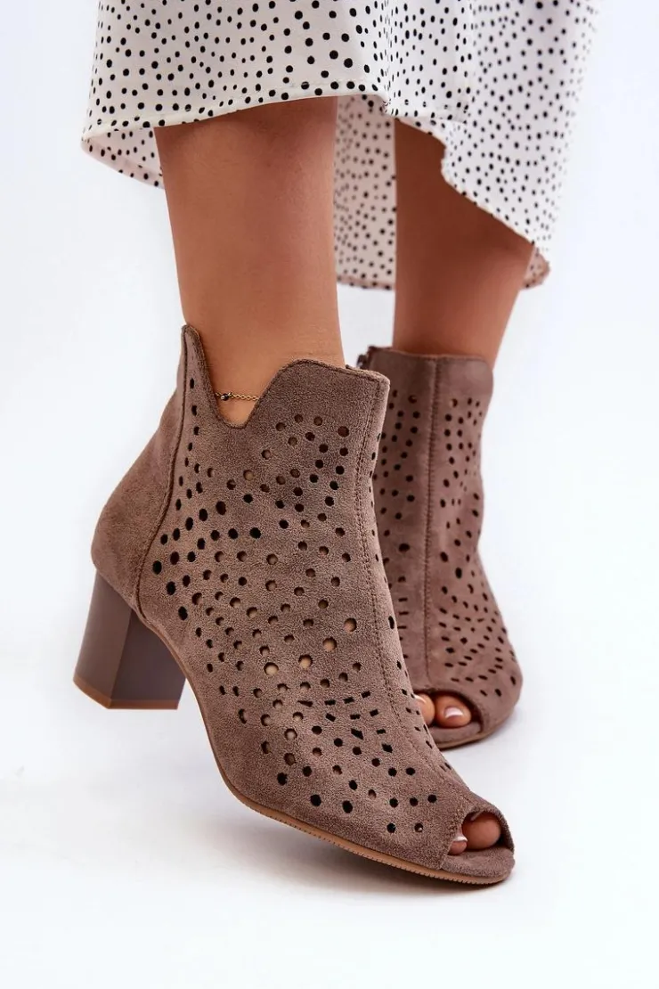 Damskie Boto Ażurowe Botki Damskie Eko Zamszowe Na Słupku Z Odkrytymi Palcami Brązowe Halania