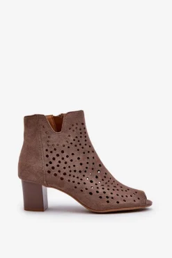 Damskie Boto Ażurowe Botki Damskie Eko Zamszowe Na Słupku Z Odkrytymi Palcami Brązowe Halania