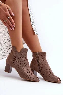 Damskie Boto Ażurowe Botki Damskie Eko Zamszowe Na Słupku Z Odkrytymi Palcami Brązowe Halania