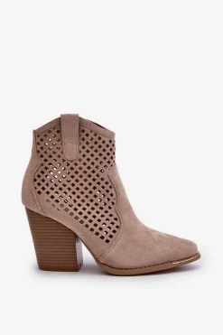Damskie Boto Ażurowe Botki Damskie Eko Zamszowe Na Słupku Beżowe Stardara