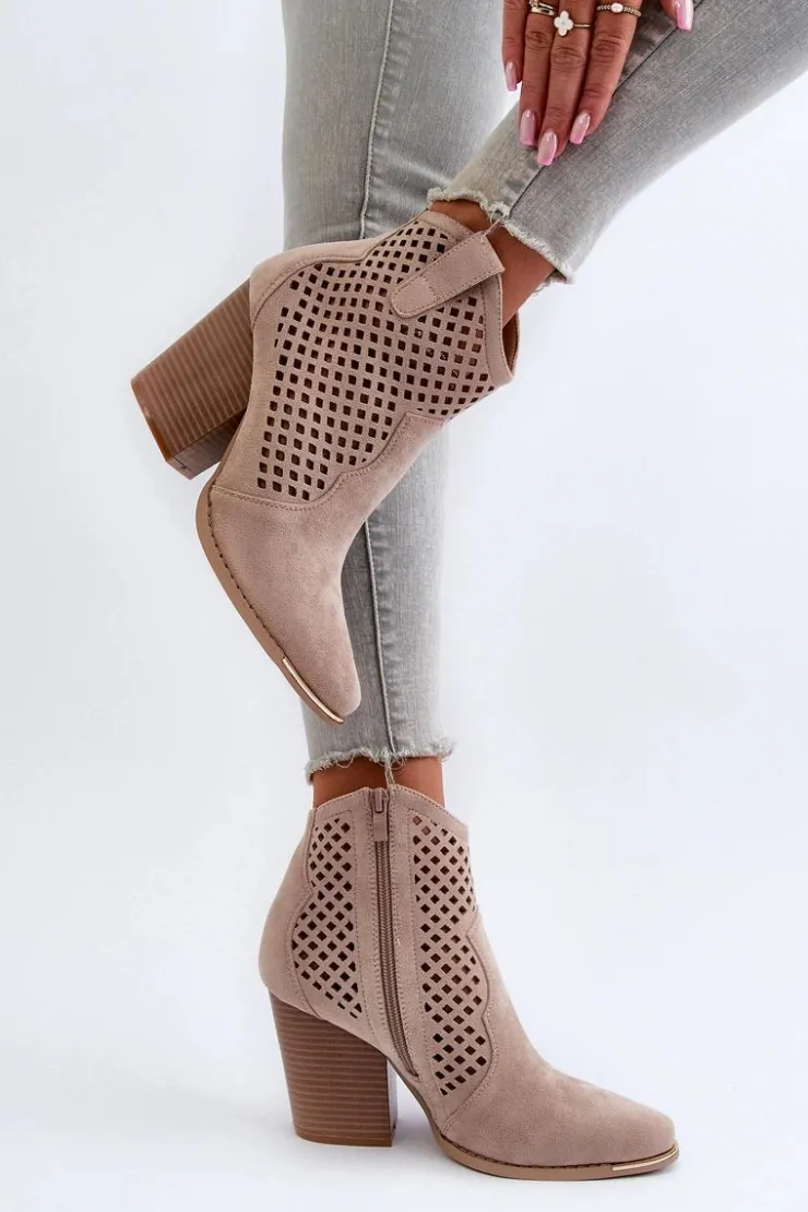 Damskie Boto Ażurowe Botki Damskie Eko Zamszowe Na Słupku Beżowe Stardara