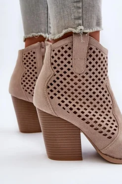 Damskie Boto Ażurowe Botki Damskie Eko Zamszowe Na Słupku Beżowe Stardara