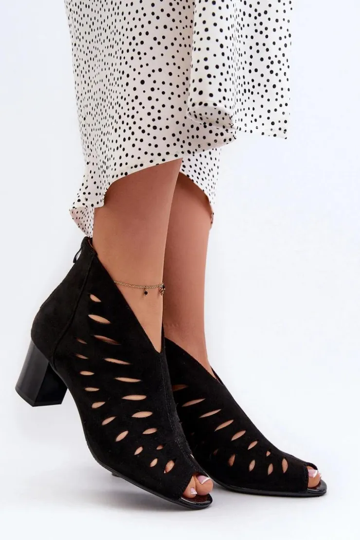 Damskie Boto Ażurowe Botki Damskie Eko Zamszowe Na Słupku Z Odkrytymi Palcami Czarne Timalre