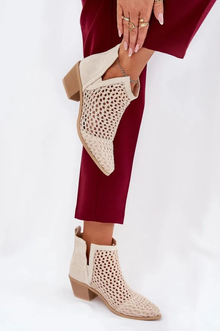 Sale Boto Ażurowe Botki Damskie Na Obcasie Z Wycięciami I Plecionką Jasnobeżowe Tulifedi