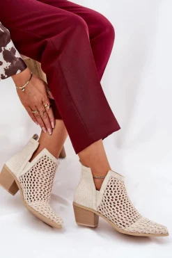 Sale Boto Ażurowe Botki Damskie Na Obcasie Z Wycięciami I Plecionką Jasnobeżowe Tulifedi