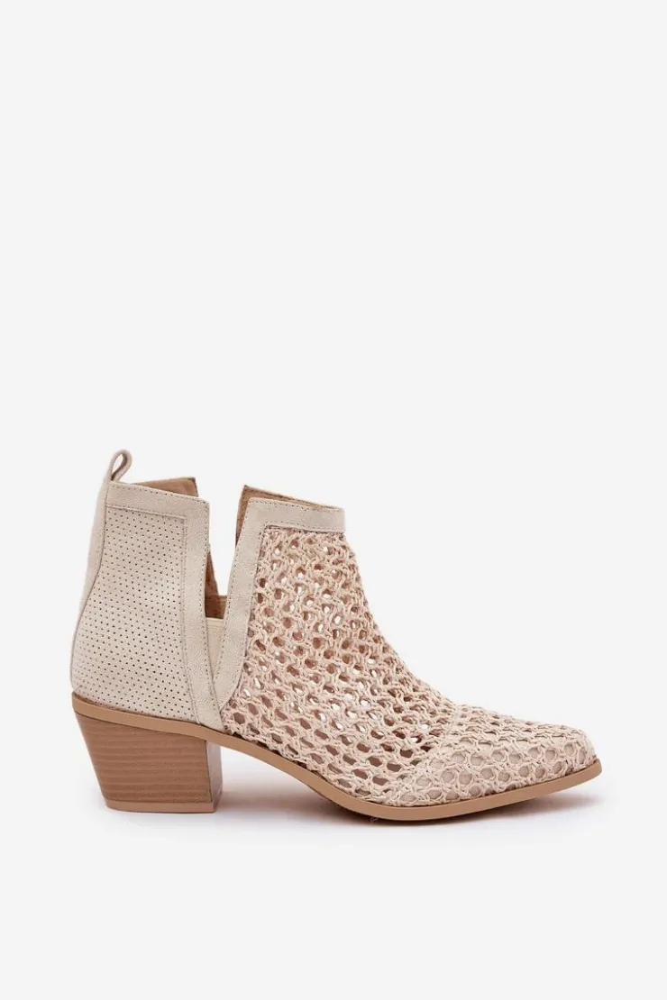 Sale Boto Ażurowe Botki Damskie Na Obcasie Z Wycięciami I Plecionką Jasnobeżowe Tulifedi