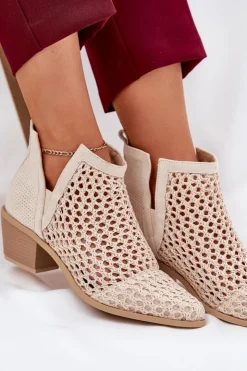 Sale Boto Ażurowe Botki Damskie Na Obcasie Z Wycięciami I Plecionką Jasnobeżowe Tulifedi
