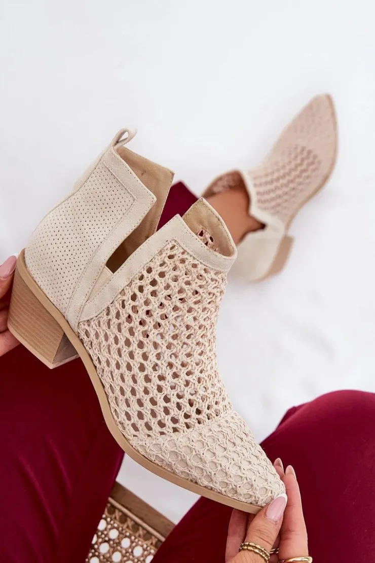 Sale Boto Ażurowe Botki Damskie Na Obcasie Z Wycięciami I Plecionką Jasnobeżowe Tulifedi