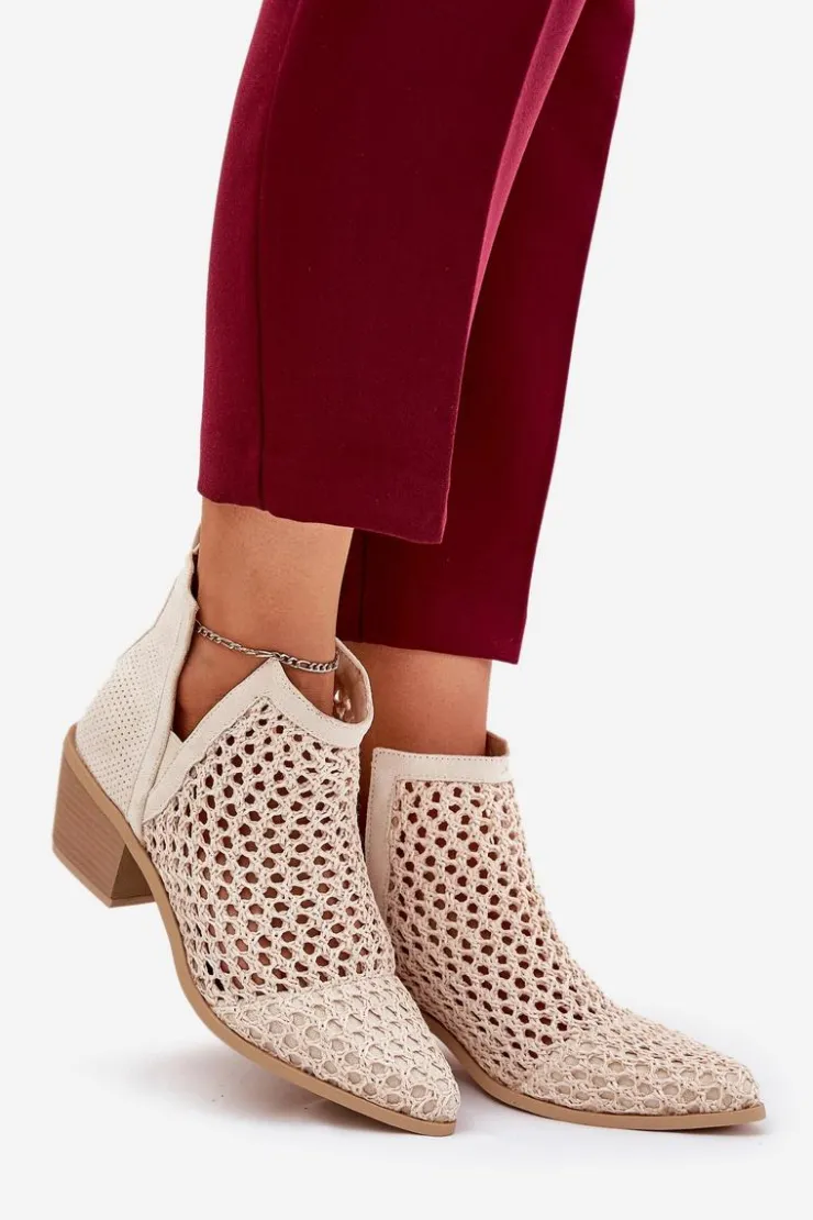 Sale Boto Ażurowe Botki Damskie Na Obcasie Z Wycięciami I Plecionką Jasnobeżowe Tulifedi