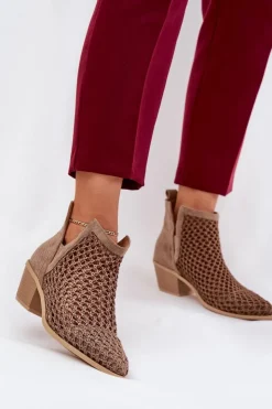 Boto Botki Wiosenne|Botki Na Słupku*Ażurowe Botki Damskie Na Obcasie Z Wycięciami I Plecionką Khaki Tulifedi