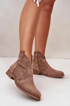 Damskie buty S.Barski Ażurowe Botki Damskie Na Płaskim Obcasie Brązowe S.Barski HY42-151