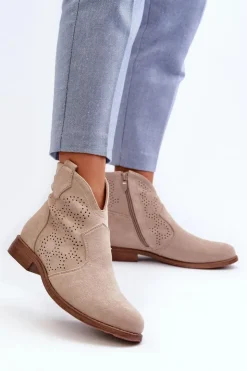 Damskie Damskie buty S.Barski Ażurowe Botki Damskie Na Płaskim Obcasie Jasnobeżowe S.Barski HY66-151