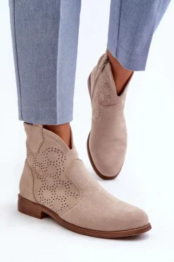 Damskie Damskie buty S.Barski Ażurowe Botki Damskie Na Płaskim Obcasie Jasnobeżowe S.Barski HY66-151