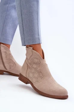 Damskie Damskie buty S.Barski Ażurowe Botki Damskie Na Płaskim Obcasie Jasnobeżowe S.Barski HY66-151