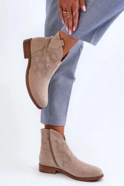 Damskie Damskie buty S.Barski Ażurowe Botki Damskie Na Płaskim Obcasie Jasnobeżowe S.Barski HY66-151