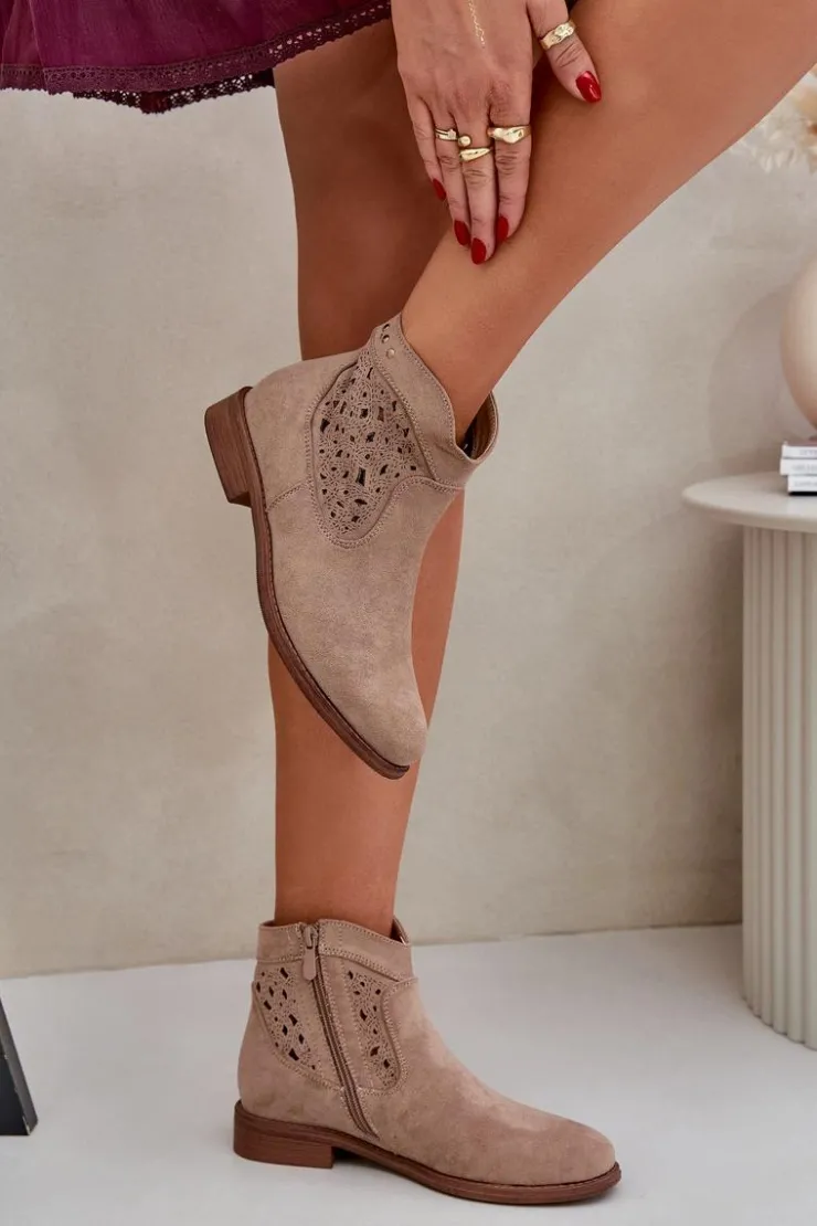 Damskie buty S.Barski Botki Ażurowe|Botki Płaskie*Ażurowe Botki Damskie Na Płaskim Obcasie S.Barski HY51-113 Beżowe