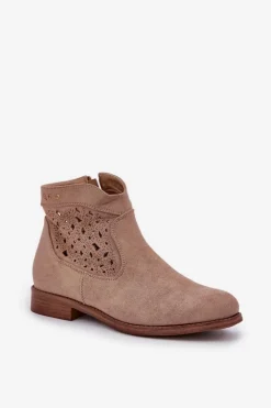 Damskie buty S.Barski Botki Ażurowe|Botki Płaskie*Ażurowe Botki Damskie Na Płaskim Obcasie S.Barski HY51-113 Beżowe