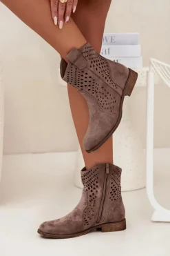 Damskie Boto Ażurowe Botki Damskie Na Płaskim Obcasie Ciemnobeżowe Amisna