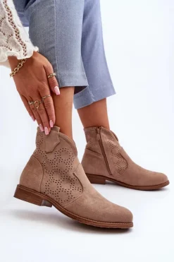 Damskie buty S.Barski Botki Wiosenne|Botki Ażurowe*Ażurowe Botki Damskie Na Płaskim Obcasie Beżowe S.Barski HY66-151
