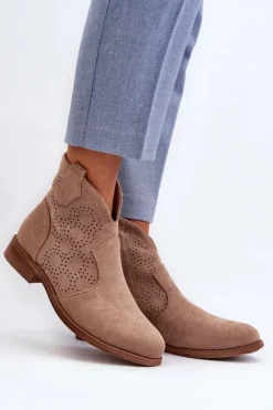 Damskie buty S.Barski Botki Wiosenne|Botki Ażurowe*Ażurowe Botki Damskie Na Płaskim Obcasie Beżowe S.Barski HY66-151