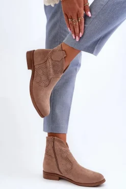 Damskie buty S.Barski Botki Wiosenne|Botki Ażurowe*Ażurowe Botki Damskie Na Płaskim Obcasie Beżowe S.Barski HY66-151