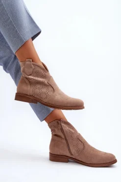 Damskie buty S.Barski Botki Wiosenne|Botki Ażurowe*Ażurowe Botki Damskie Na Płaskim Obcasie Beżowe S.Barski HY66-151