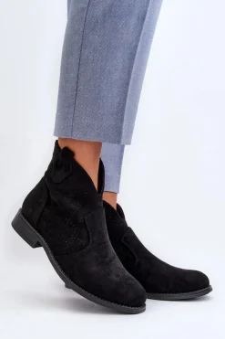 Online Damskie buty S.Barski Ażurowe Botki Damskie Na Płaskim Obcasie Czarne S.Barski HY66-151