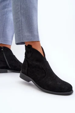 Online Damskie buty S.Barski Ażurowe Botki Damskie Na Płaskim Obcasie Czarne S.Barski HY66-151