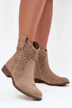Boto Botki Ocieplane|Botki Ażurowe*Ażurowe Botki Damskie Na Płaskim Obcasie Beżowe Amisna