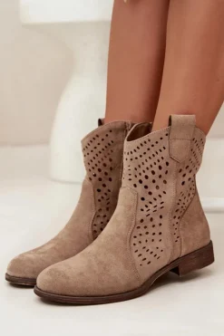 Boto Botki Ocieplane|Botki Ażurowe*Ażurowe Botki Damskie Na Płaskim Obcasie Beżowe Amisna