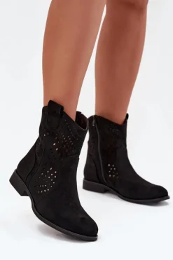 Online Boto Ażurowe Botki Damskie Na Płaskim Obcasie Czarne Amisna