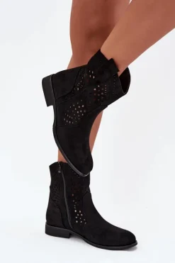 Online Boto Ażurowe Botki Damskie Na Płaskim Obcasie Czarne Amisna