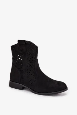Online Boto Ażurowe Botki Damskie Na Płaskim Obcasie Czarne Amisna