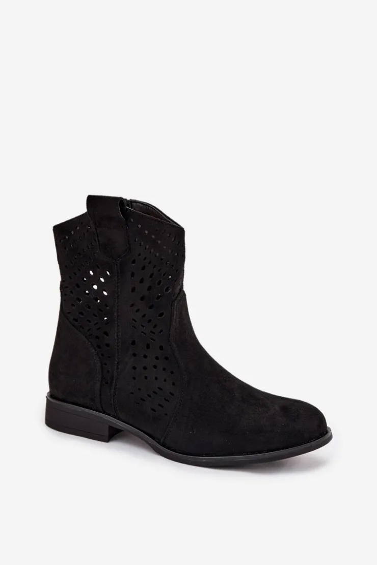 Online Boto Ażurowe Botki Damskie Na Płaskim Obcasie Czarne Amisna