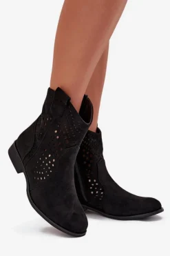 Online Boto Ażurowe Botki Damskie Na Płaskim Obcasie Czarne Amisna