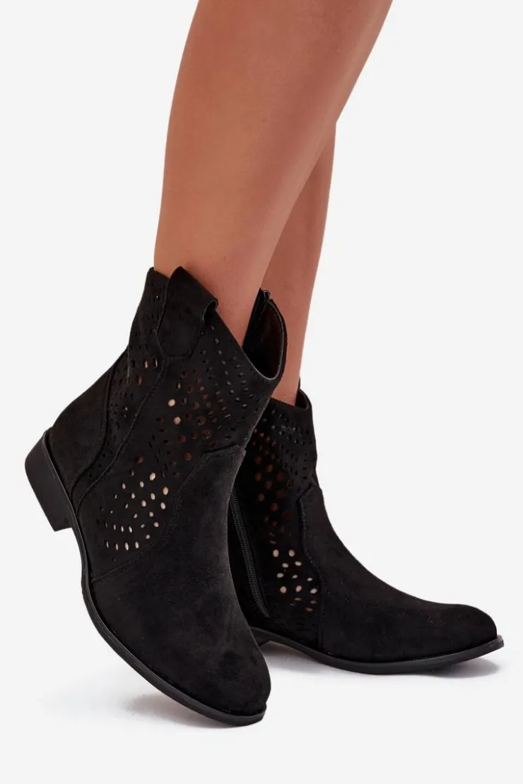 Online Boto Ażurowe Botki Damskie Na Płaskim Obcasie Czarne Amisna