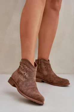 Discount Damskie buty S.Barski Ażurowe Botki Damskie Na Płaskim Obcasie S.Barski HY51-113 Brązowe Brązowy