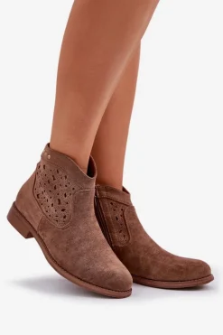 Discount Damskie buty S.Barski Ażurowe Botki Damskie Na Płaskim Obcasie S.Barski HY51-113 Brązowe Brązowy