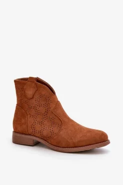 Damskie buty S.Barski Botki Ażurowe|Brązowe I Beżowe Botki*Ażurowe Botki Damskie Na Płaskim Obcasie Camel S.Barski HY42-151 Brązowy