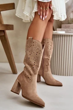 Boto Botki Na Słupku|Botki Ażurowe*Ażurowe Botki Damskie Na Słupku Z Noskami W Szpic Eko Zamszowe Ciemnobeżowe Nevithra